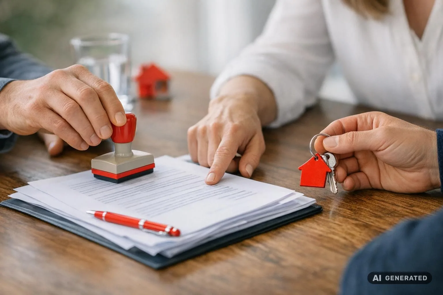 Notarische Situation ohne Text: Hände mit Stempel und Dokumenten in einem Besprechungsraum, symbolisch für Kaufvertrag und Grundbuchprozess
