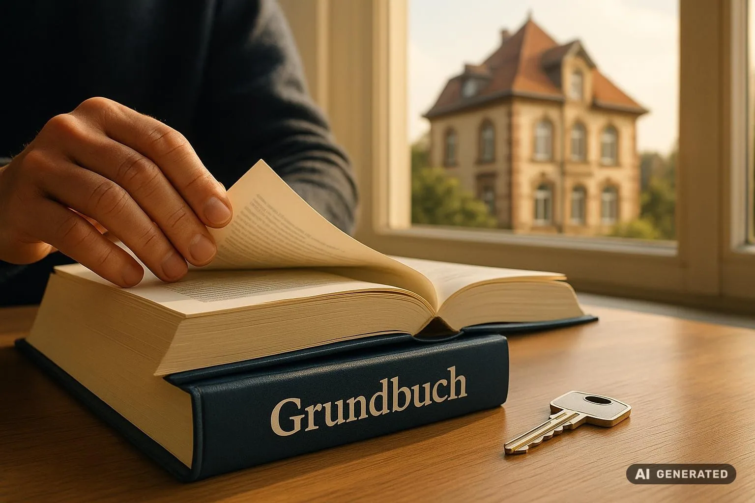 Detailansicht einer Hand, die in einem Grundbuch blättert, daneben liegt ein Hausschlüssel auf einem Tisch, im Hintergrund sieht man eine Thüringer Altbau-Immobilie.
