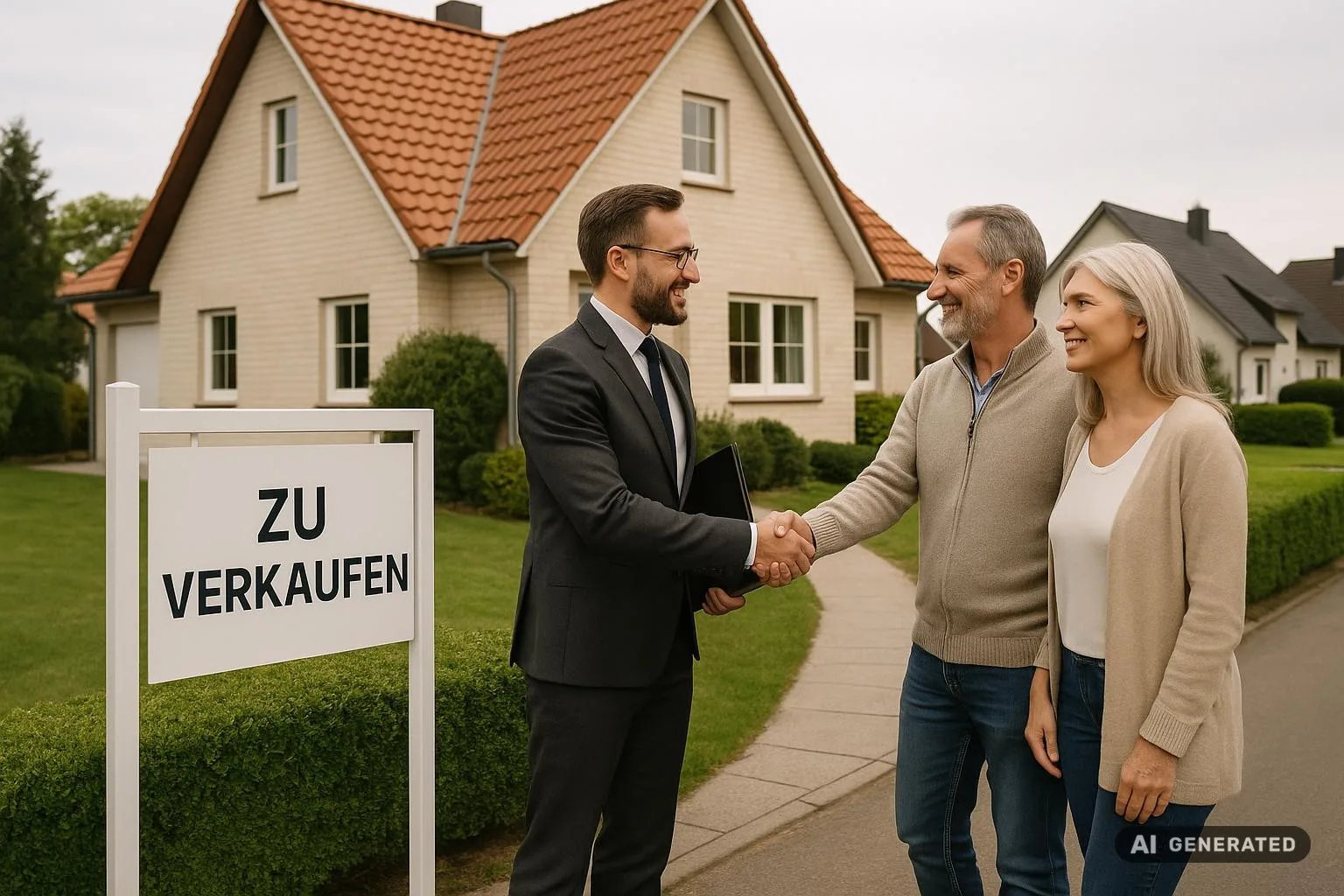 Beratung zum Hausverkauf in Erfurt vor Einfamilienhaus mit Verkaufszeichen