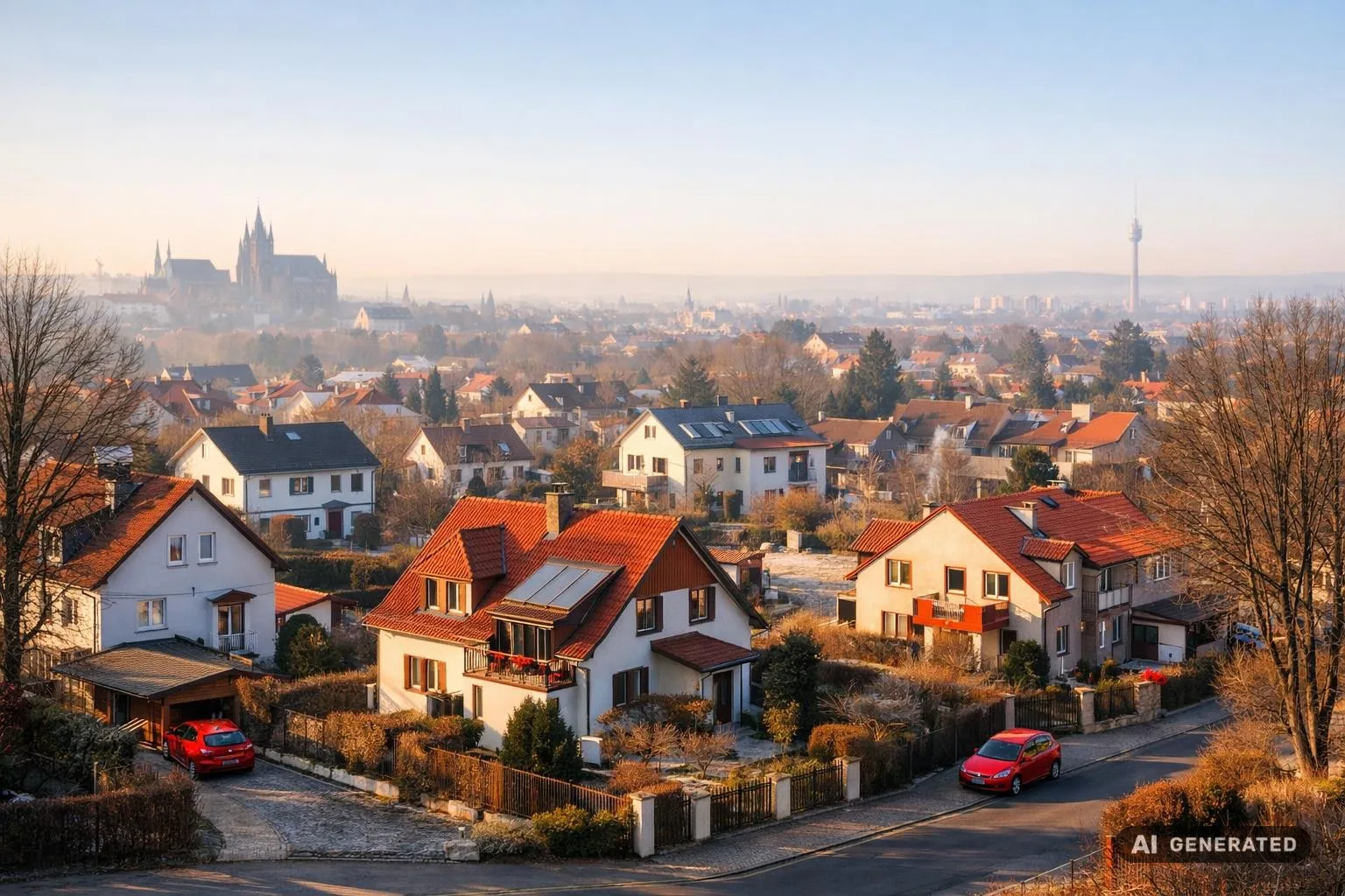 Blick über Erfurter Wohngebiet bei sanftem Morgenlicht – ruhige Stimmung für Immobilienverkauf