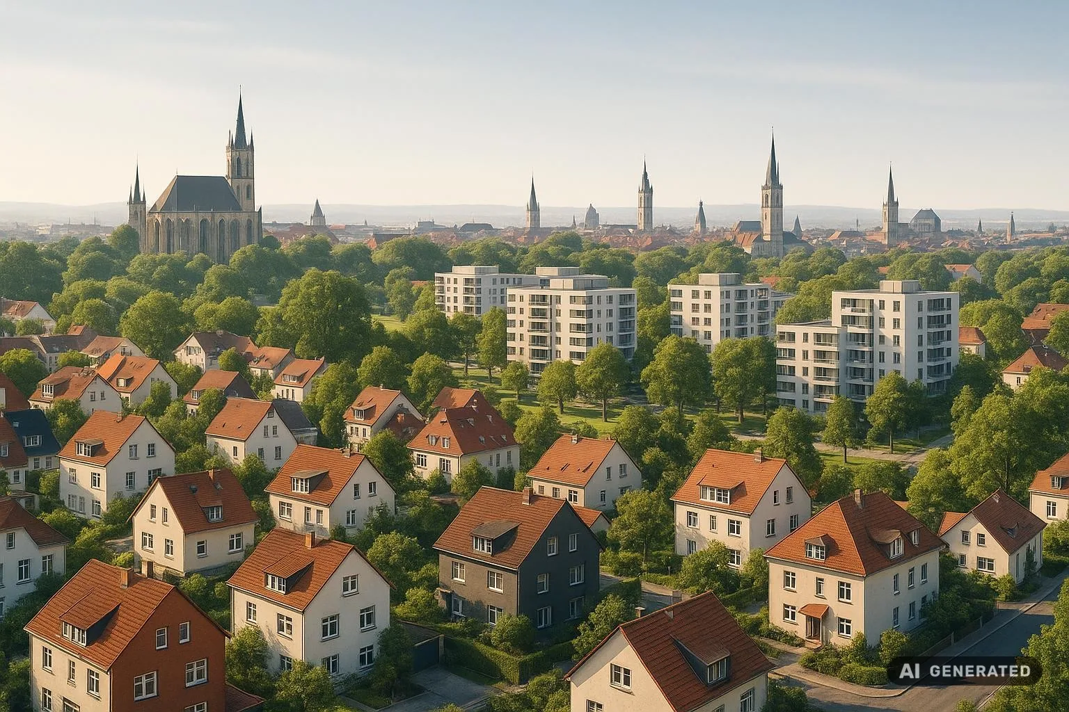 Blick über die Dächer von Erfurt mit Einfamilienhäusern und modernen Wohnanlagen 2025