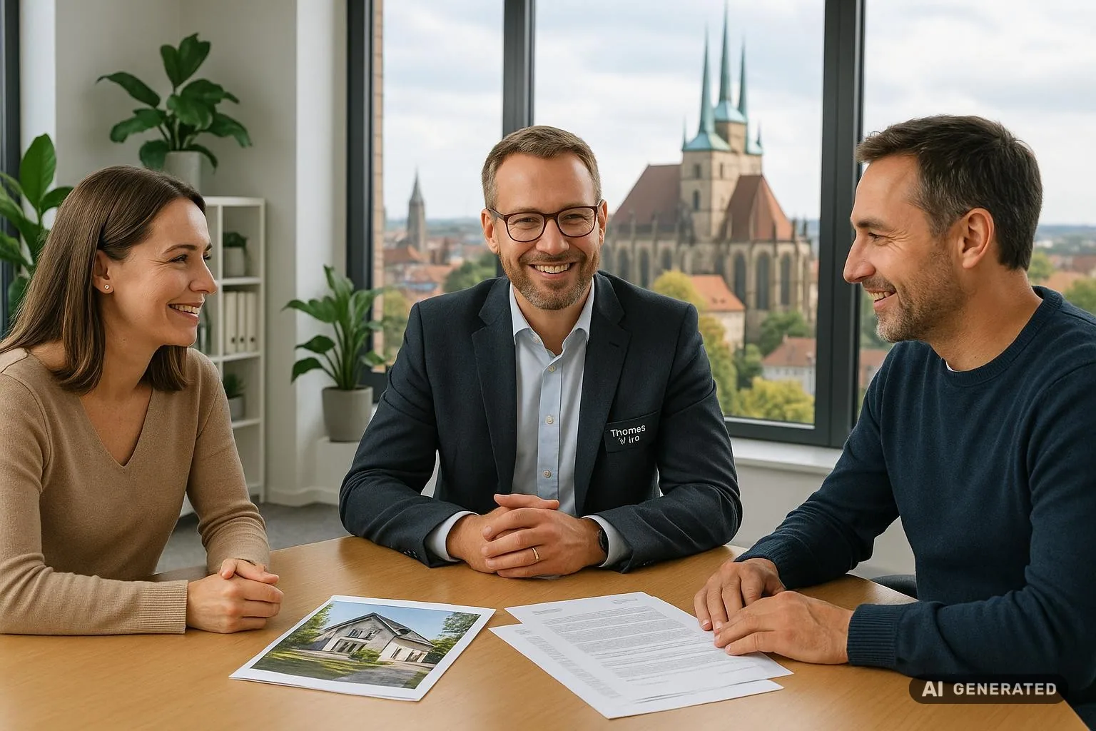 Freundliches Beratungsgespräch mit Immobilienmakler in Erfurt, Scheidungspaar, Exposé und Verträge auf Tisch, Fensterblick auf Erfurter Dom