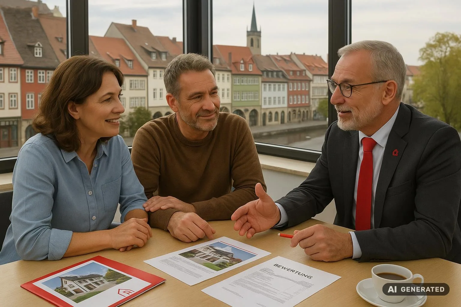 Gespräch zur Hausbewertung in Erfurt nach Scheidung, ein Mann und eine Frau diskutieren mit einem Makler; auffällige Erfurter Architektur im Hintergrund.