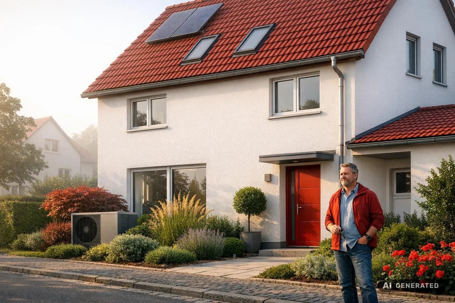 Breite Aufnahme eines gepflegten Wohnhauses in Erfurt bei weichem Morgenlicht, mit sichtbaren energetischen Details wie modernen Fenstern und gedämmter Fassade.