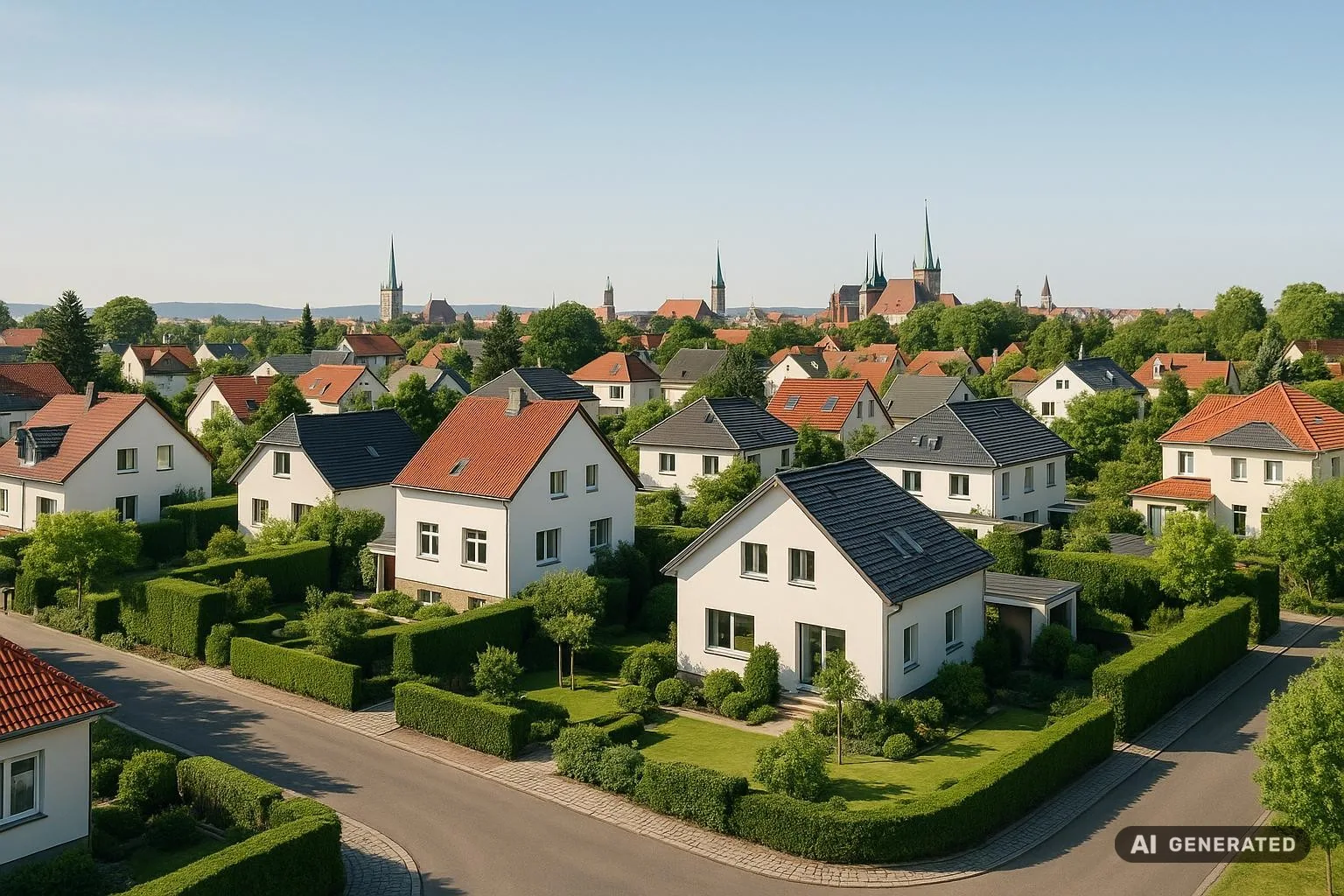 Panoramaaufnahme einer typisch thüringischen Wohnsiedlung mit hochwertigen Einfamilienhäusern, gepflegten Gärten und klar erkennbarem Stadtbild von Erfurt im Hintergrund.