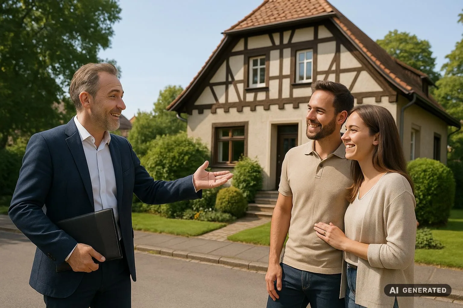 Immobilienmakler Thomas Otto zeigt einem Ehepaar eine Immobilie in Erfurt