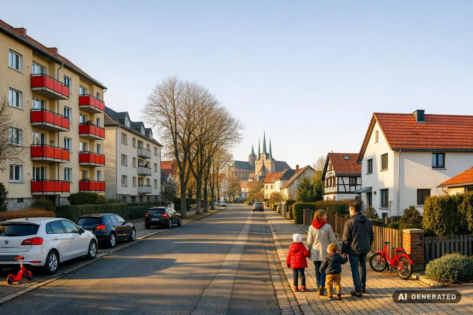 Panoramablick auf ein ruhiges Erfurter Wohnviertel mit Häusern und Bäumen im klaren Morgenlicht.