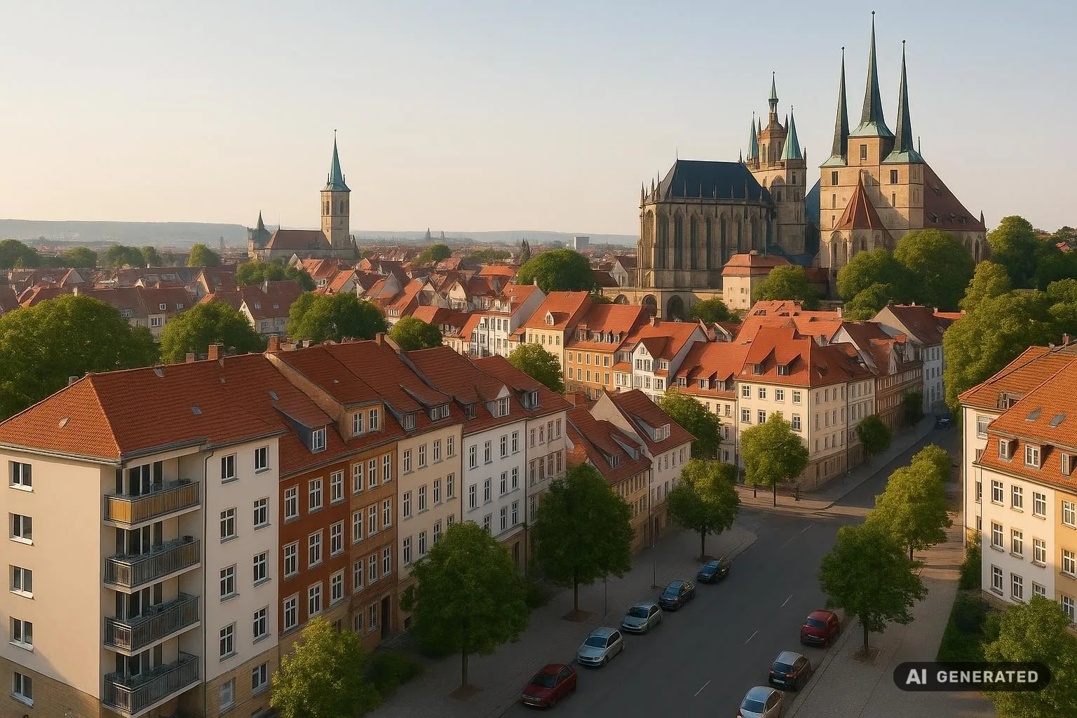 Banner Erfurt Immobilien – Blick auf Erfurter Dom und Wohnquartiere bei Morgenlicht