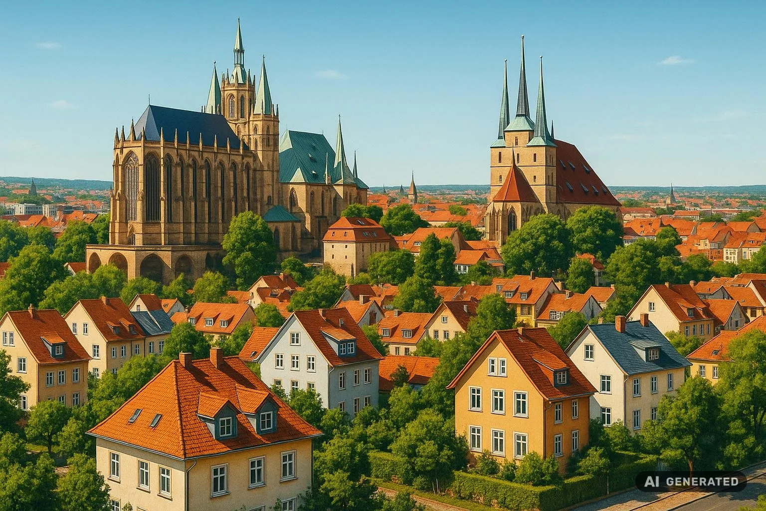 Weitwinkelaufnahme des Erfurter Doms und umliegender Wohngebiete mit Häusern und Bäumen, harmonisches Stadtbild im Sommer, klare Farben, einladende Stimmung