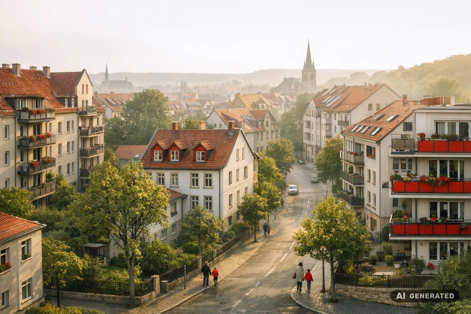 Panoramablick auf ein Erfurter Wohnviertel bei weichem Morgenlicht, Dächer und Grünflächen