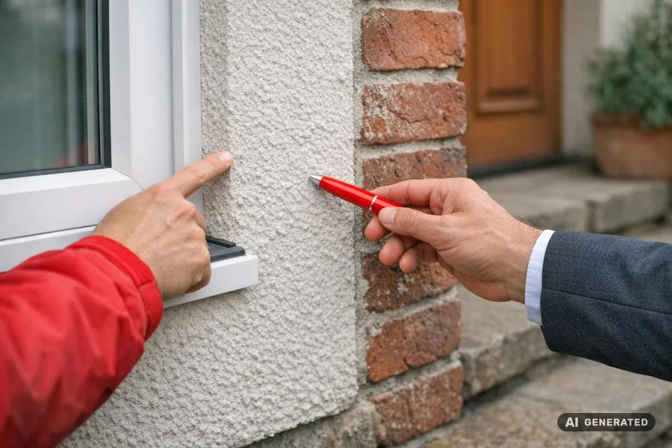 Nahaufnahme: Hände eines Eigentümers und eines Immobilienexperten zeigen auf Bau- und Materialdetails an einem Haus in Erfurt.