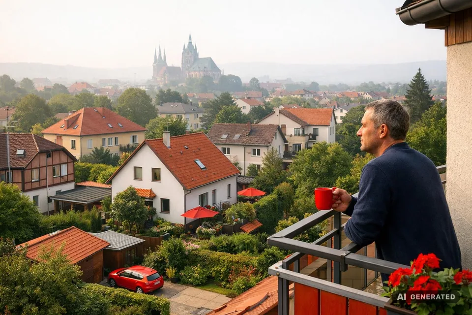 Blick über Erfurter Wohnhäuser und Baumkronen bei Morgenlicht – ruhige, hochwertige Wohnlage als Symbol für den lokalen Immobilienmarkt.