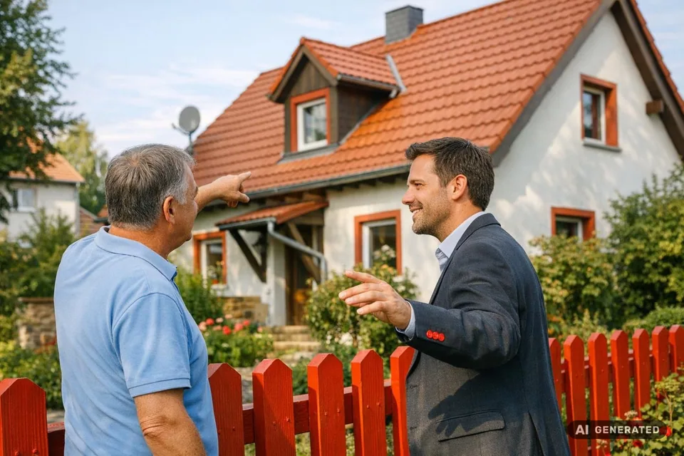 Ein Hauseigentümer steht mit einer Immobilienexpertin vor einem gepflegten Einfamilienhaus in Erfurt und bespricht den nächsten Schritt.