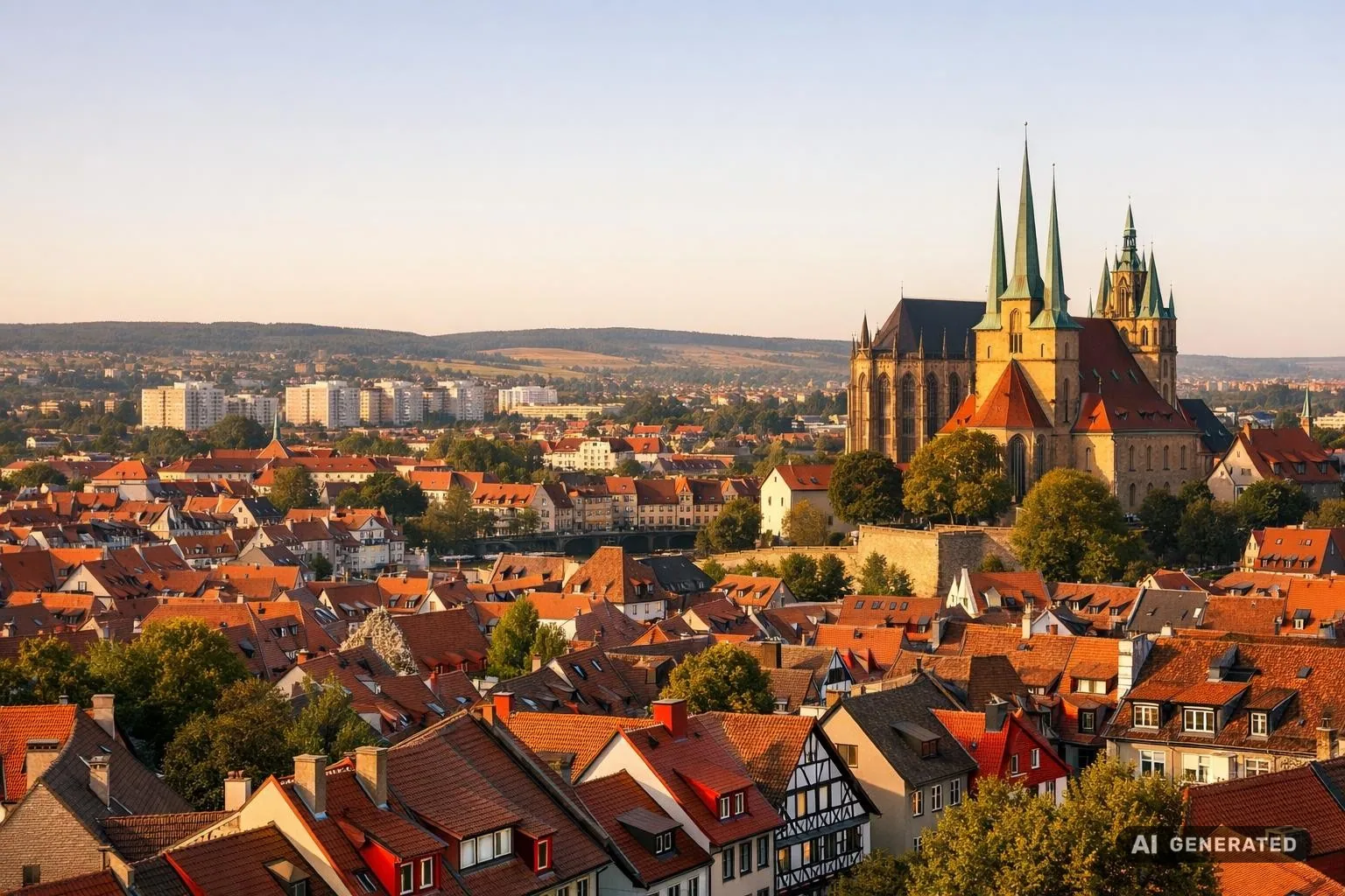 Blick über Dächer und Grünflächen in Erfurt im warmen Spätsommerlicht.