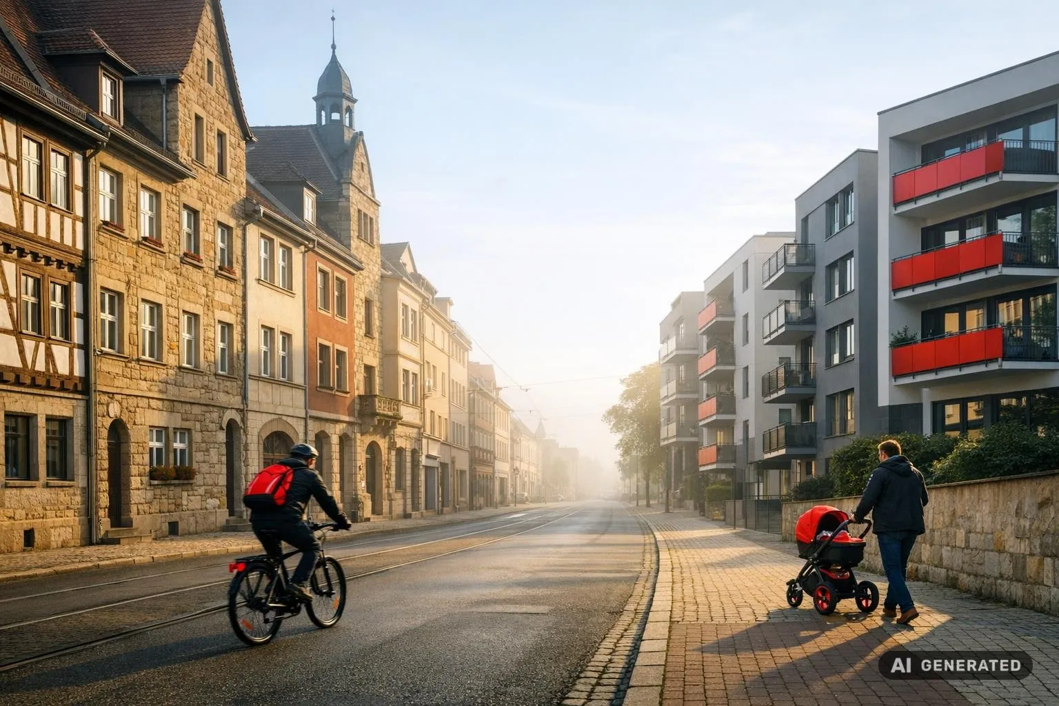 Weitwinkelaufnahme einer Erfurter Wohnstraße mit Mischung aus Altbau und moderner Bebauung im Morgenlicht.