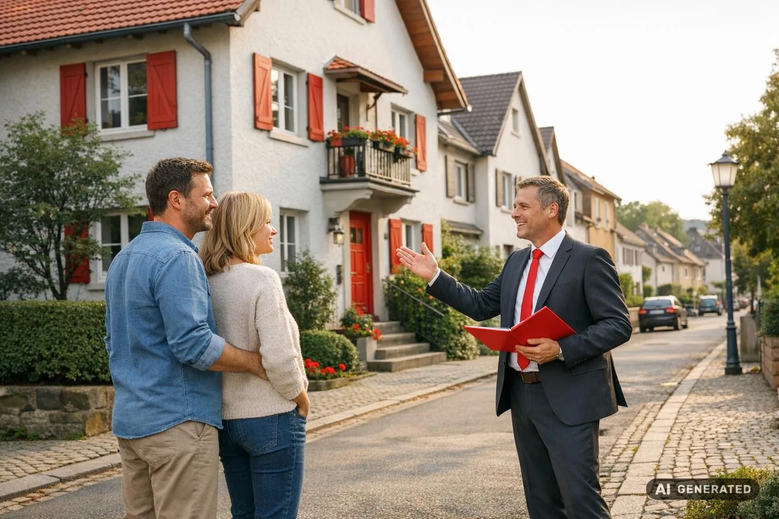 Helle Straßenansicht in Erfurt: gepflegtes Wohnhaus, ein Paar steht mit Makler vor dem Eingang – Stimmung von Sicherheit und Klarheit beim Verkauf.
