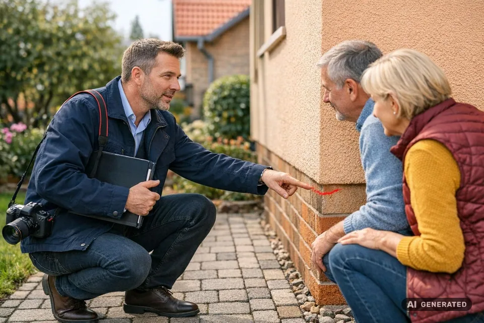 Immobiliensachverständiger begutachtet ein Einfamilienhaus in Erfurt und bespricht den Zustand mit Eigentümern