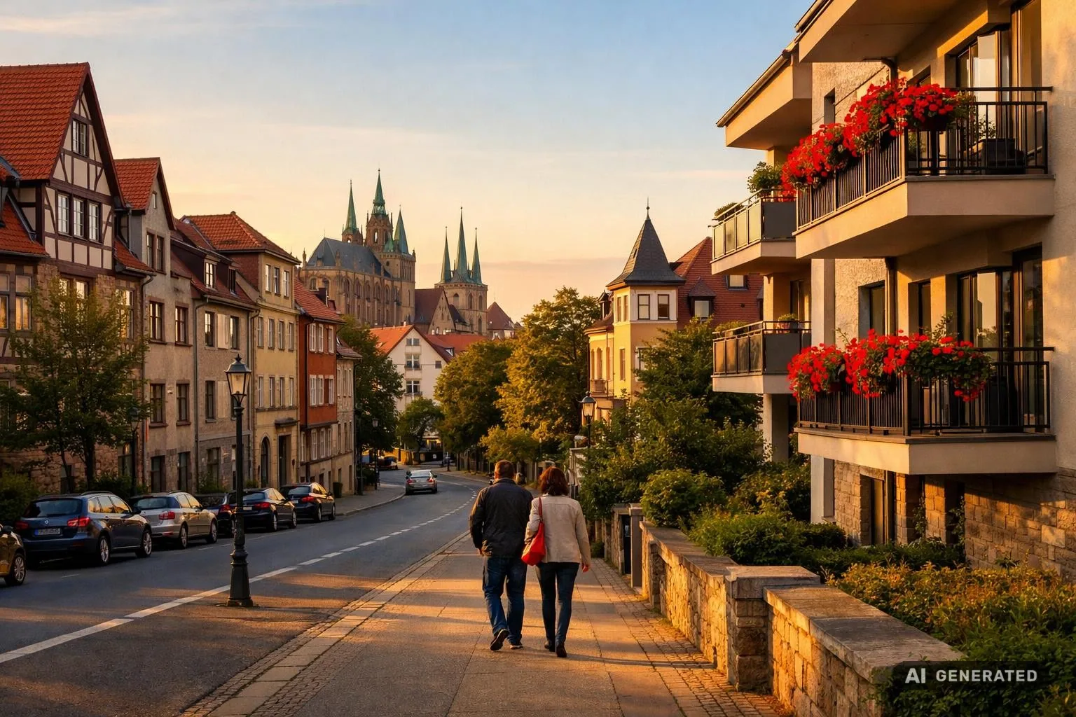 Panoramablick auf Wohnhäuser in Erfurt bei warmem Abendlicht als Banner für einen Ratgeber zu Immobiliengutachten