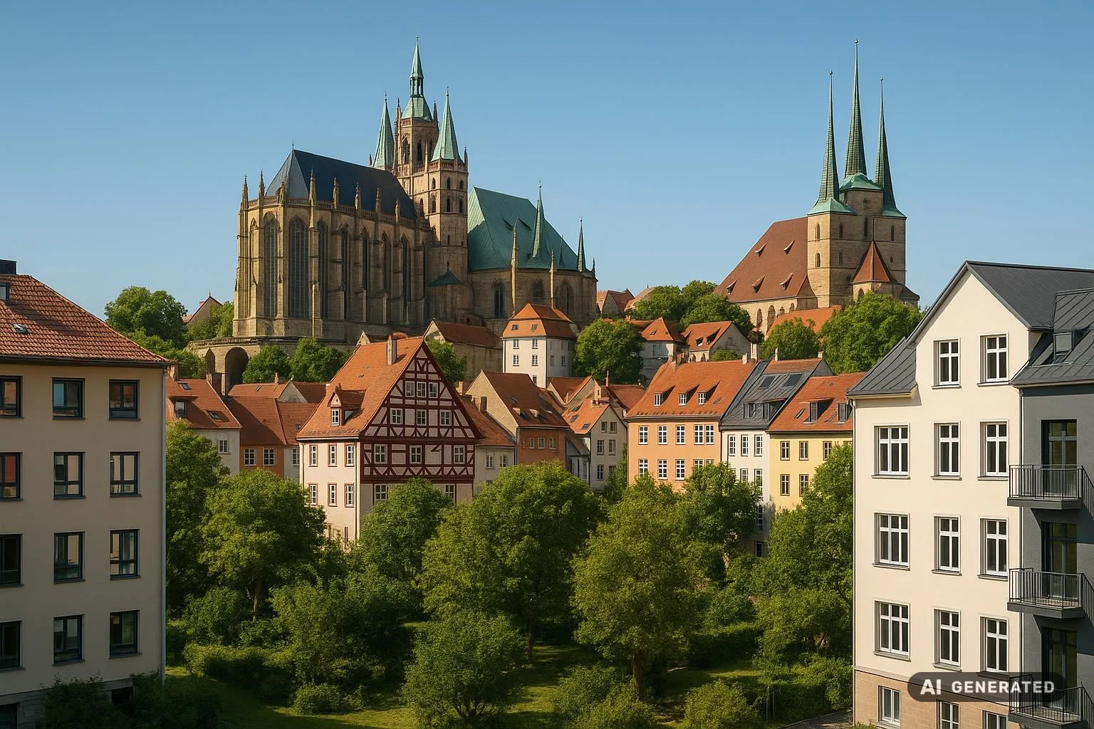Panorama Großaufnahme Erfurt Altstadt, gepflegte Immobilien und grüne Umgebung, ideales Setting für Immobilienverkauf