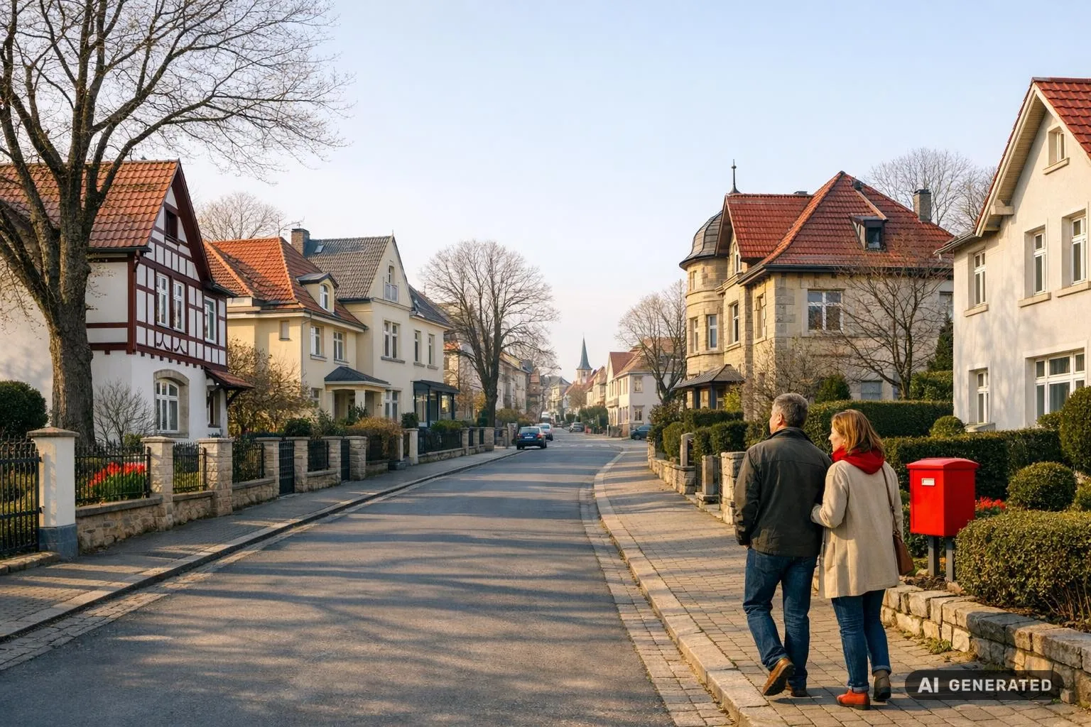 Breite Ansicht einer Erfurter Wohnstraße mit gepflegten Häusern, Bäumen und weichem Morgenlicht als stimmungsvolles Bannerbild.