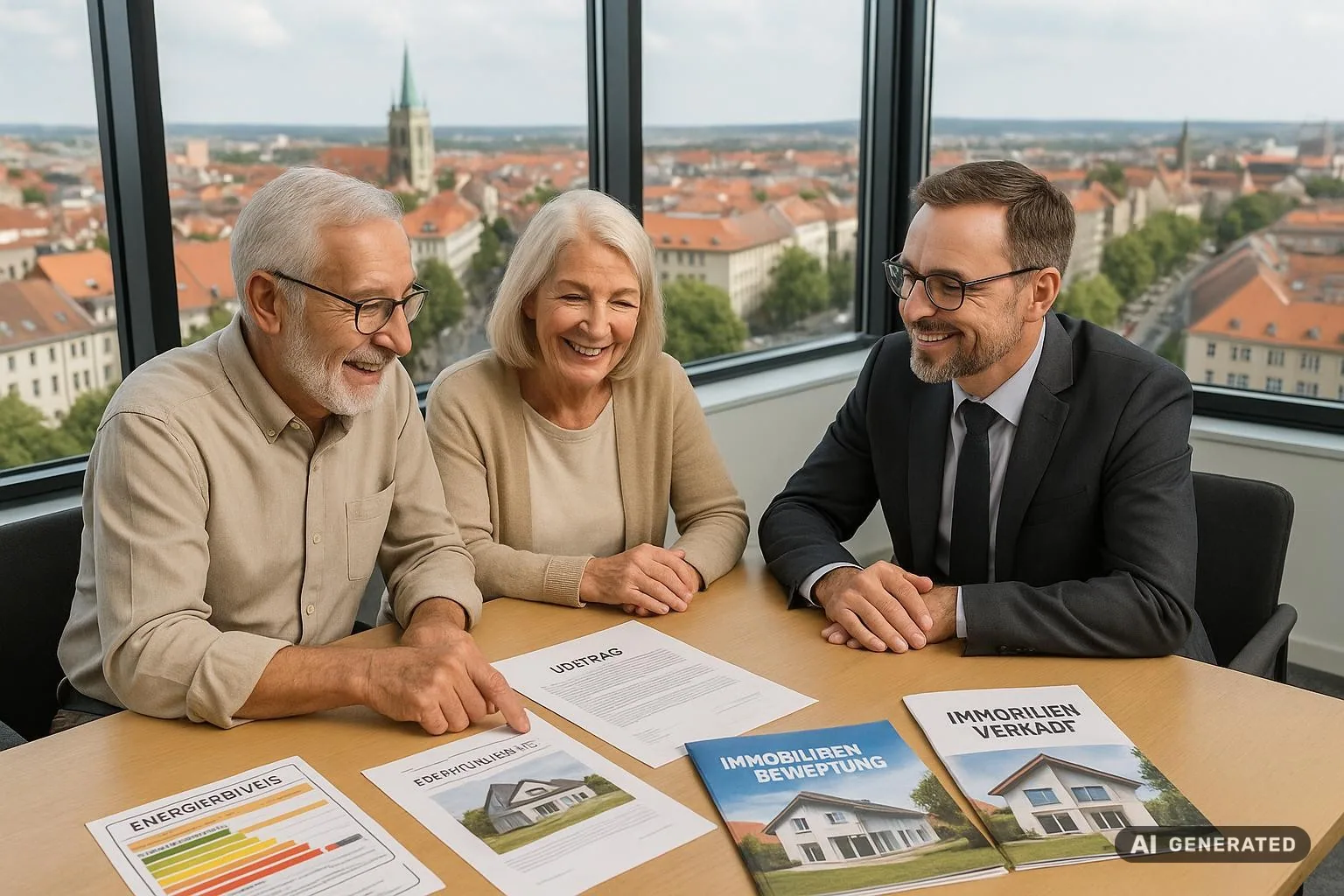 Makler informiert Eigentümerpaar über Immobilienverkaufsrecht 2025