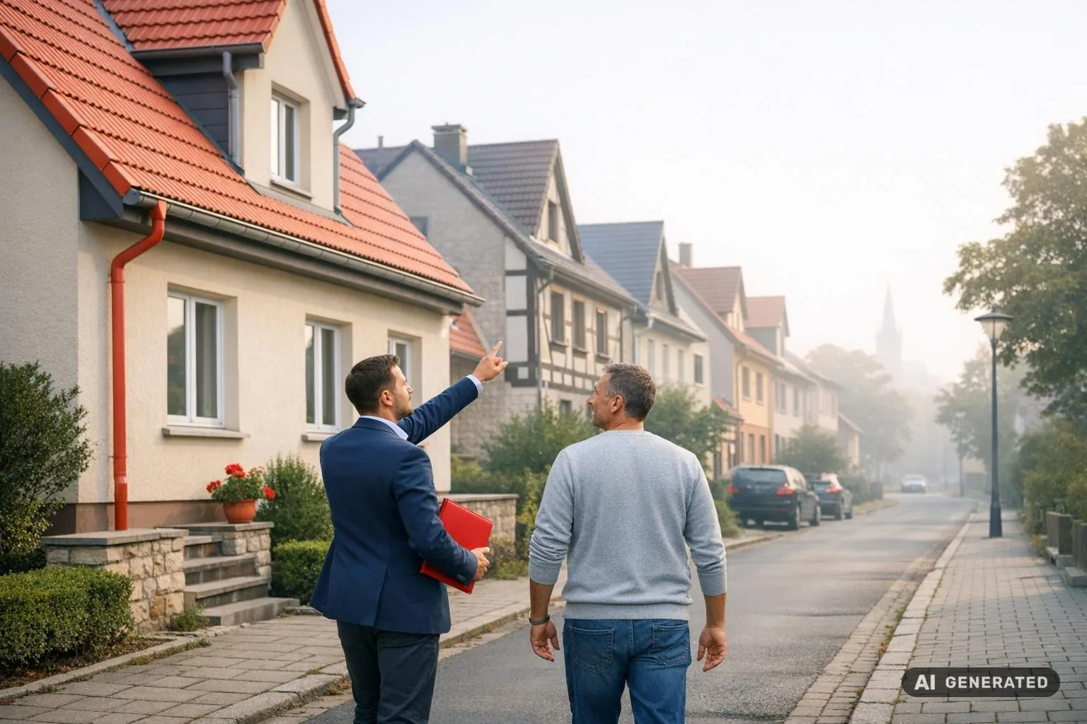 Weitwinkelaufnahme einer ruhigen Wohnstraße in Erfurt mit Einfamilienhäusern und sanierten Fassadendetails im Morgenlicht – Symbolbild für energetische Sanierung und Immobilienverkauf.