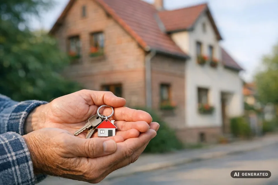 Eigentümer hält Hausschlüssel vor einem Einfamilienhaus in Erfurt; warmes Tageslicht, ruhige Stimmung