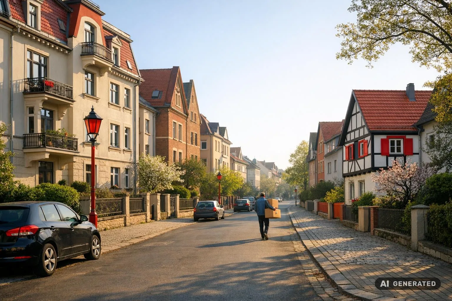 Weitwinkelaufnahme einer ruhigen Erfurter Wohnstraße mit gepflegten Häusern im Morgenlicht – als Bannerbild für einen Ratgeber zur Spekulationssteuer.