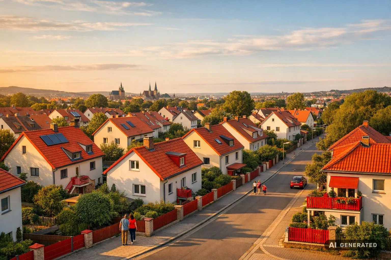 Weite Ansicht eines Wohngebiets in Erfurt bei goldenem Licht – symbolisch für Immobilienentscheidungen und Teilverkauf