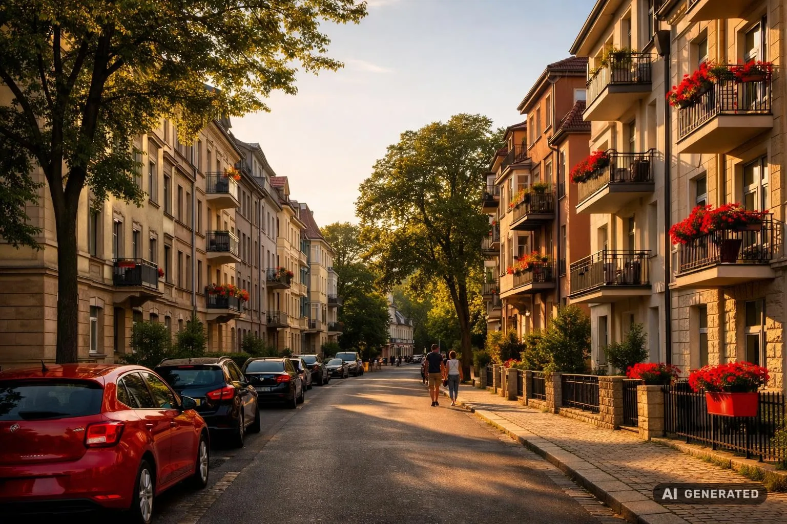 Weitwinkelaufnahme einer Erfurter Wohnstraße mit Altbau-Fassaden im warmen Abendlicht – passend zum Thema Wohnungsverkauf.