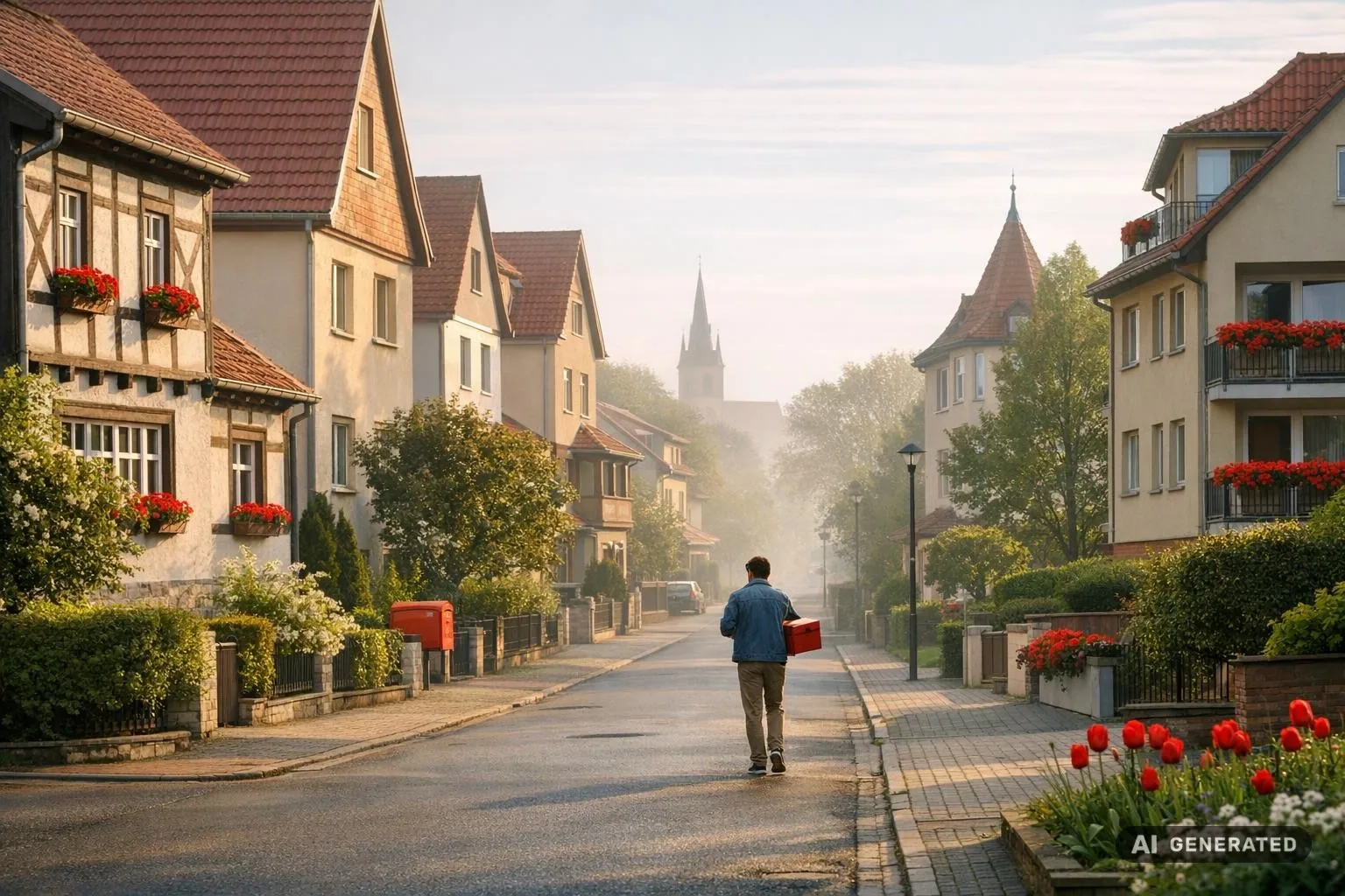 Weitwinkelansicht einer ruhigen Wohnstraße in Erfurt mit Einfamilienhäusern im Morgenlicht – Symbol für Immobilienverkauf und Finanzierungsthemen