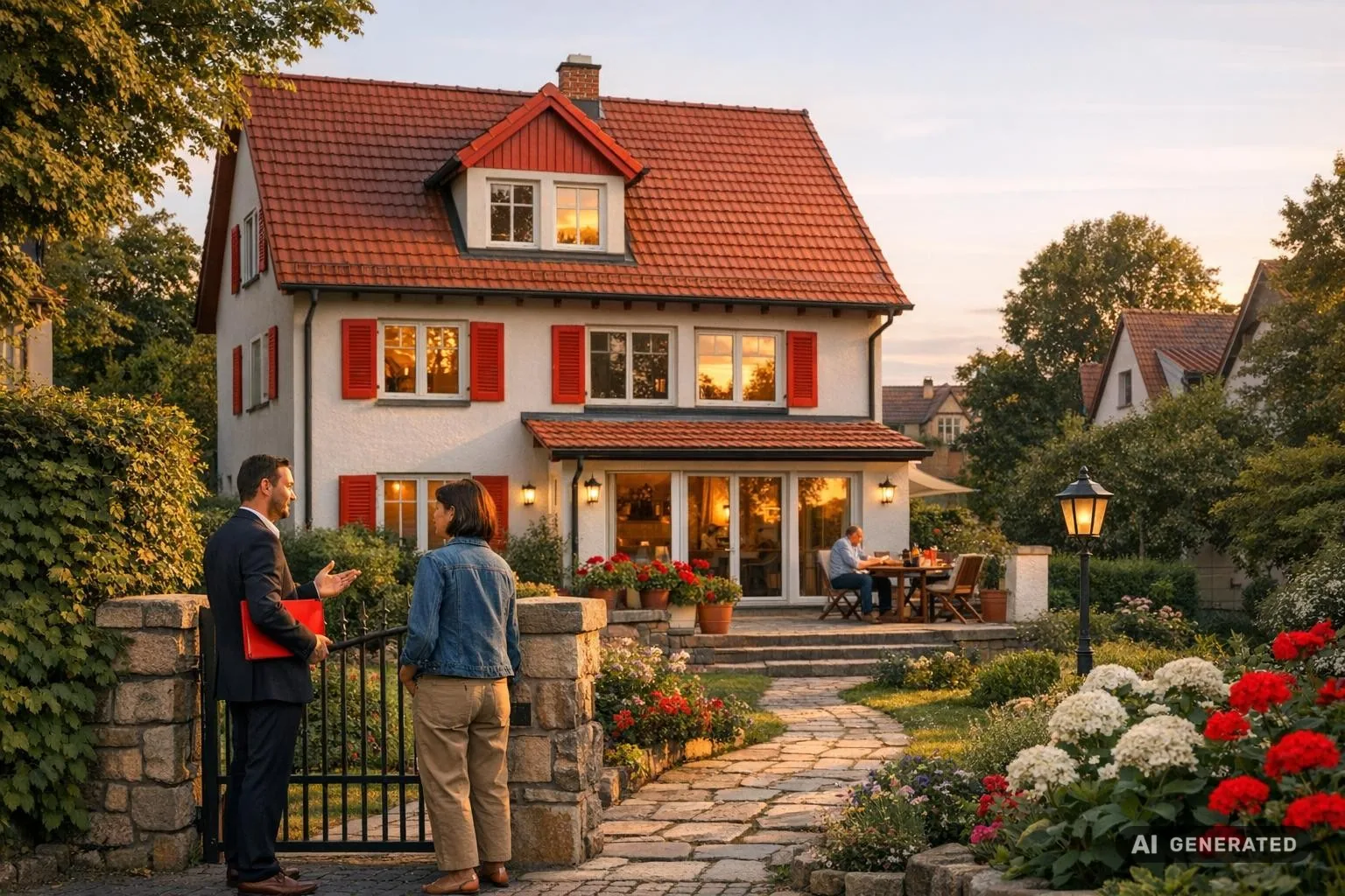 Weitwinkelaufnahme eines gepflegten Einfamilienhauses in Erfurt im warmen Abendlicht, mit einer Person am Gartentor und einer zweiten Person auf der Terrasse.