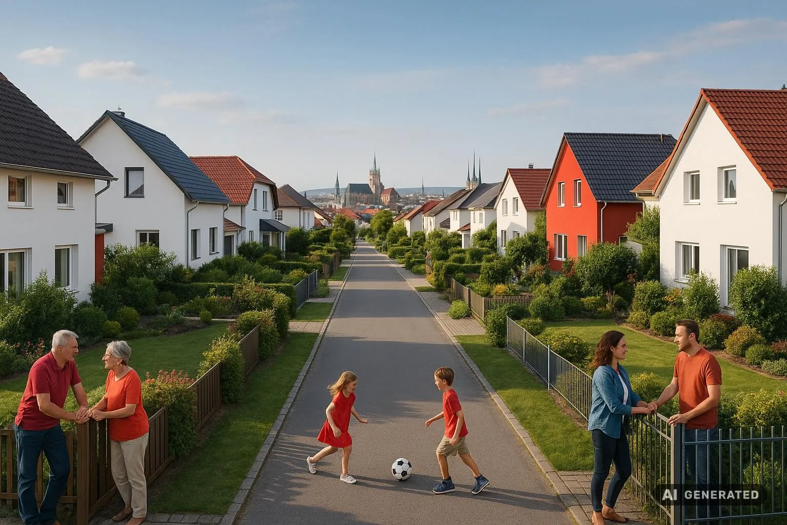 Einfamilienhäuser in Erfurter Wohngebiet, stilvoll, grün, lebensfroh, Menschen genießen die Nachbarschaft, mit Stadtblick.