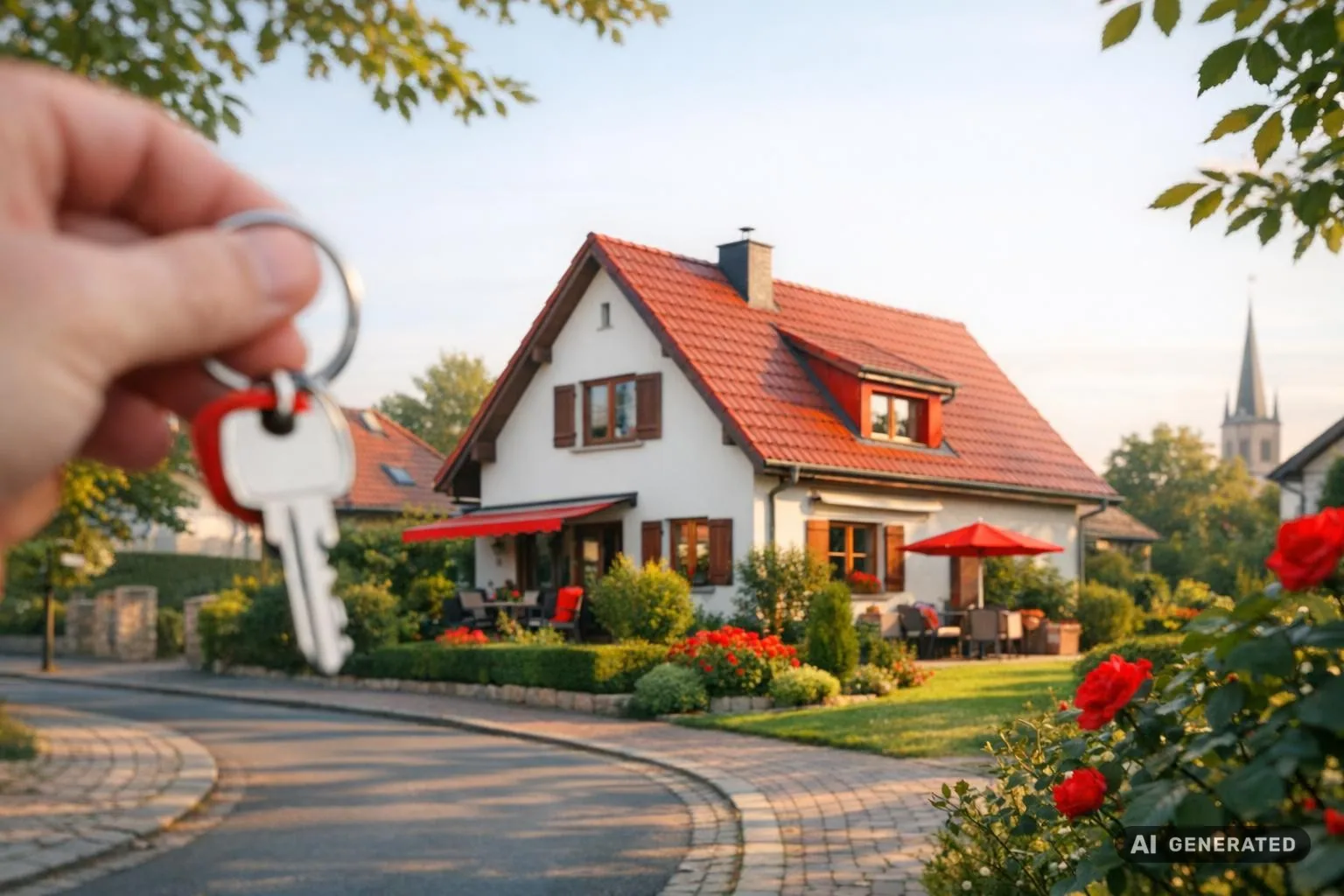 Blick auf ein gepflegtes Einfamilienhaus in Erfurt bei weichem Morgenlicht, mit einem Schlüsselbund im Vordergrund.